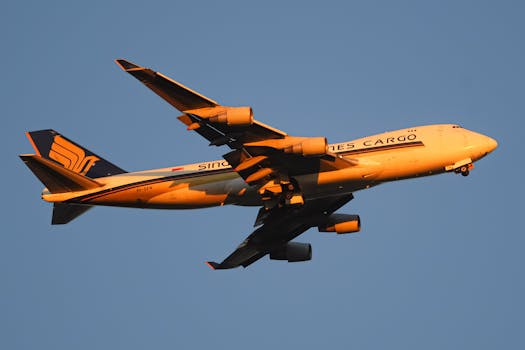 A cargo airplane flying against a clear sky during golden hour sunset.