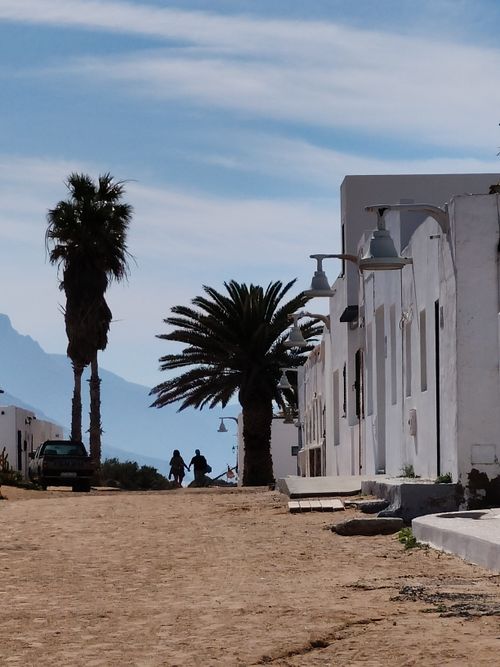 Free A sunny street scene with palm trees and white buildings, capturing a serene outdoor setting. Stock Photo
