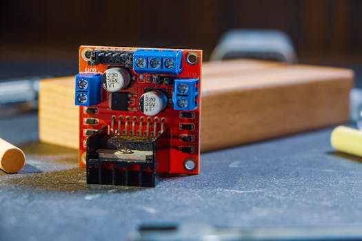 Detailed view of an electronic circuit board with capacitors and connectors, ideal for technology themes.