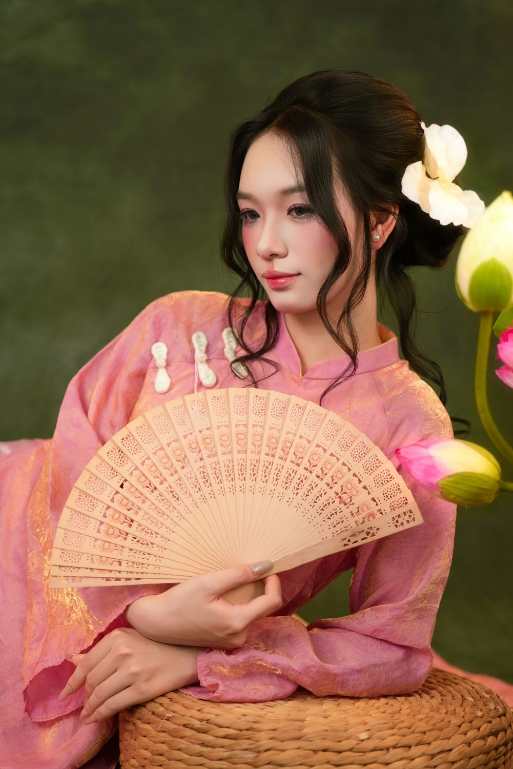 Elegant Woman in Traditional Pink Dress with Fan · Free Stock Photo