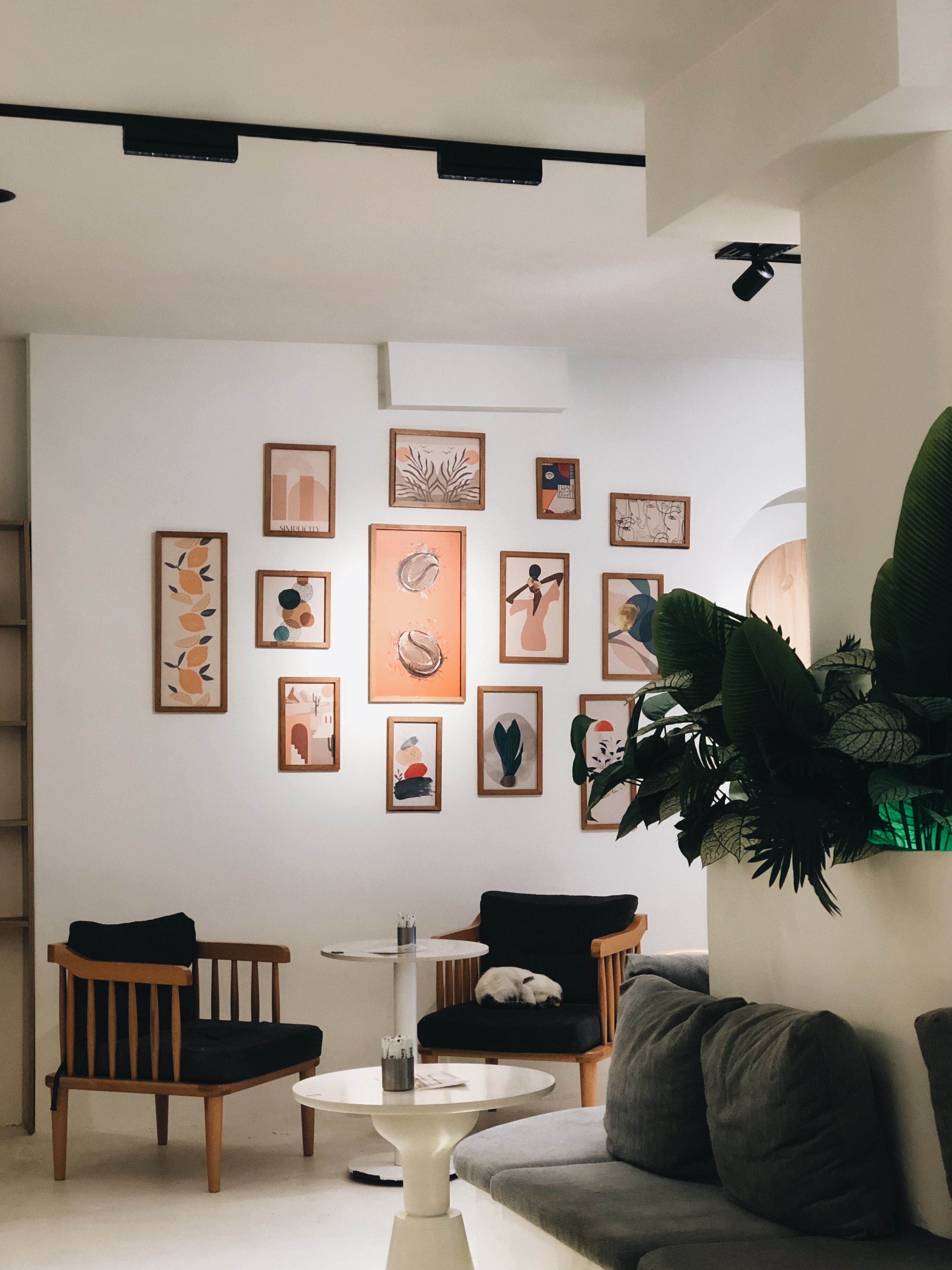 Above couch wall decor ideas: cozy lounge with a gallery wall of framed prints arranged above the sofa