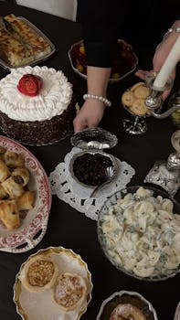 A luxurious dessert table featuring cake, pastries, salad, and more, elegantly arranged for a special occasion.