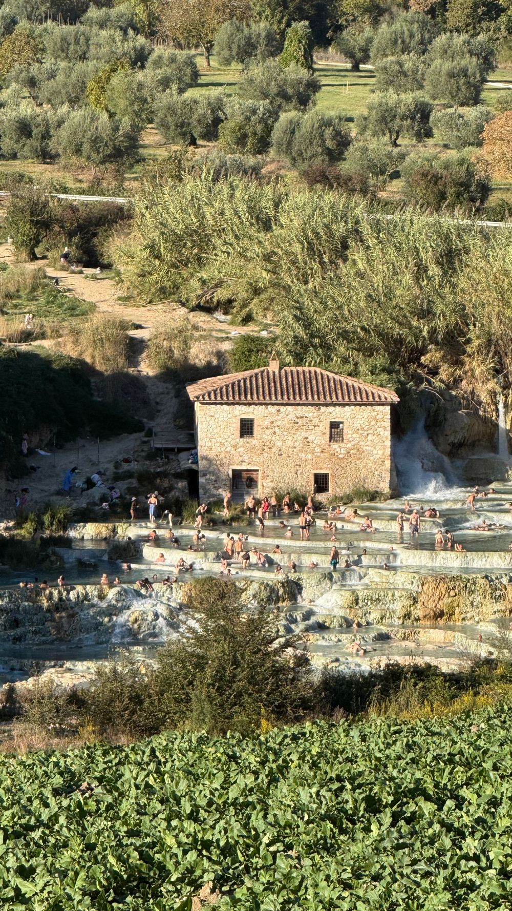 Bazin termal istoric înconjurat de verdeață în peisajul rural din Toscana