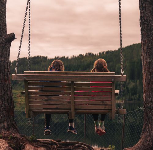 Free Two children swing on a lakeside bench swing surrounded by trees in a serene Norwegian landscape. Stock Photo