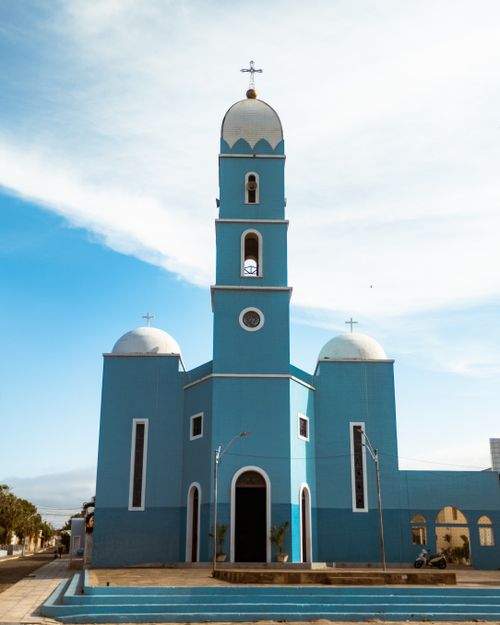Free A striking blue church in Pedro II, Brazil, under a clear sky, showcasing unique architecture. Stock Photo