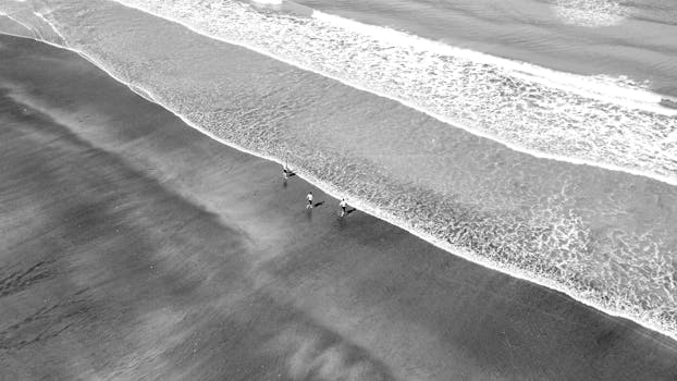 Monochrome aerial view of Costa Azul beach with human silhouettes along the shoreline.