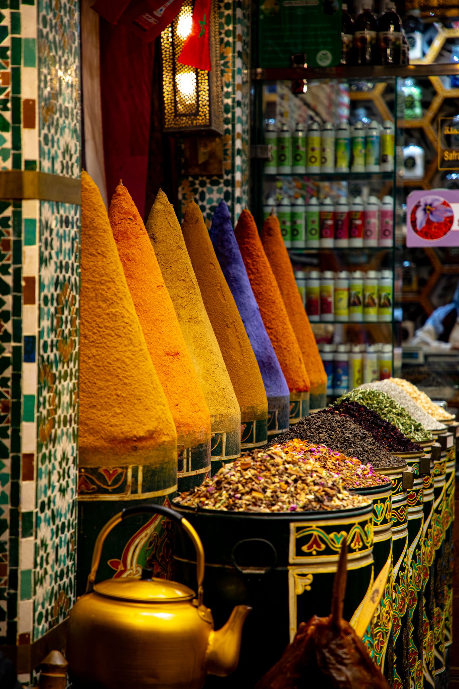 Colorful spices and food stalls in Marrakech market