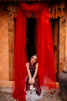 A young woman in a vintage dress sits contemplatively by a vibrant red curtain in a rustic setting.