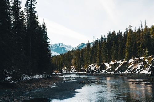 Free Tranquil river landscape with snow-capped mountains and evergreen forest. Stock Photo