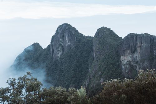 Free Serene view of mist-covered mountain peaks in lush green landscape, perfect for nature lovers. Stock Photo