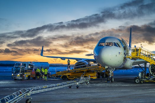 An airplane undergoing de-icing at Kiruna Airport during a winter sunrise in Sweden.