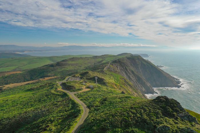 Aerial view of Point Reyes peninsula, headlands, coast, and sea