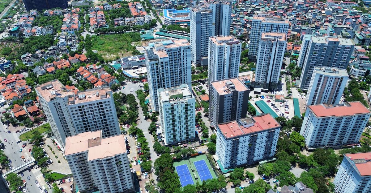 Aerial photography showcasing high-rise buildings in Hanoi, Vietnam, highlighting urban life and architecture.