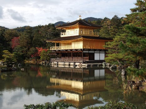 Golden Pavilion reflecting in a serene pond surrounded by lush greenery, Kyoto, Japan.