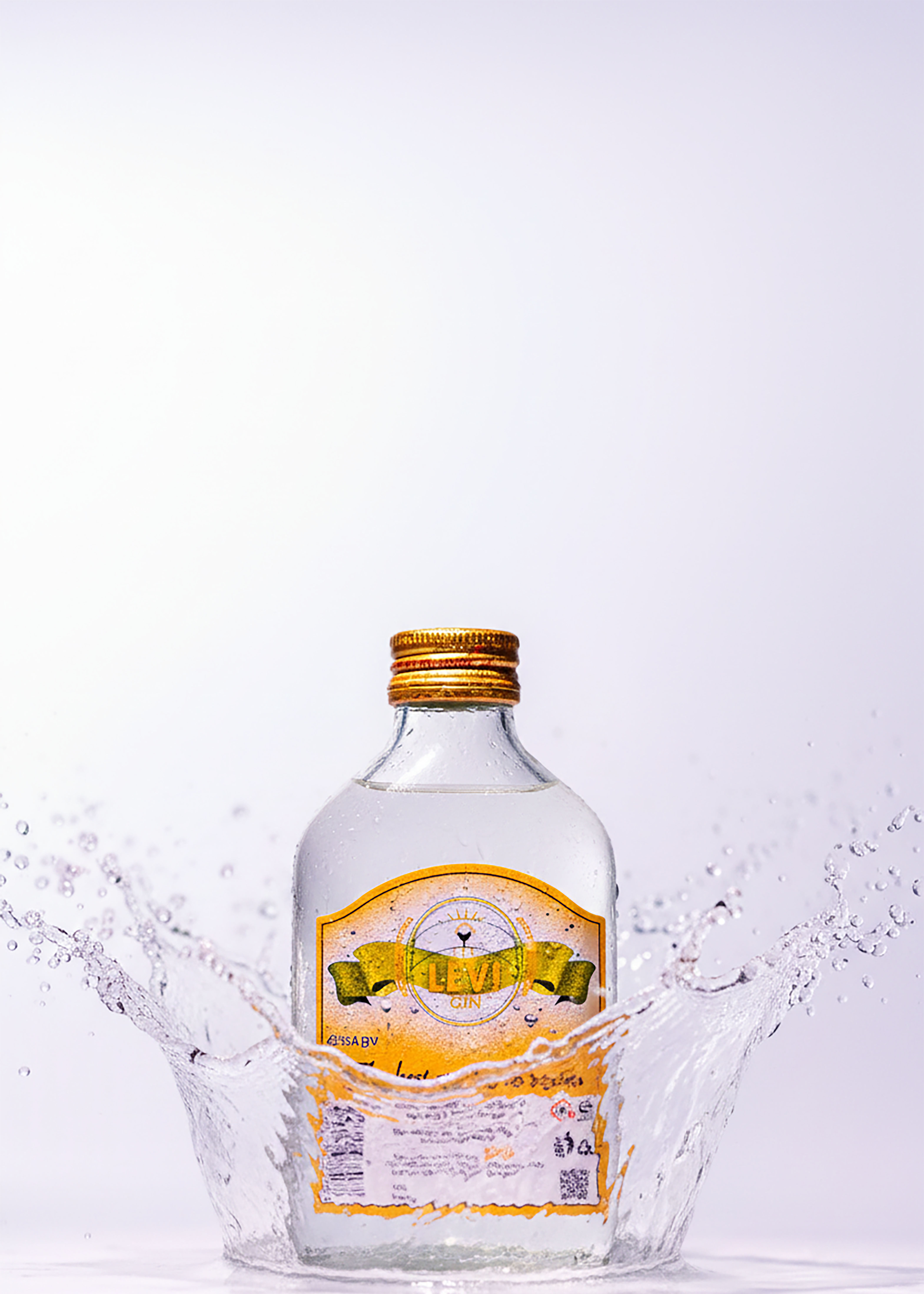 Elevate gin bottle in water splash on white background, dynamic and refreshing.