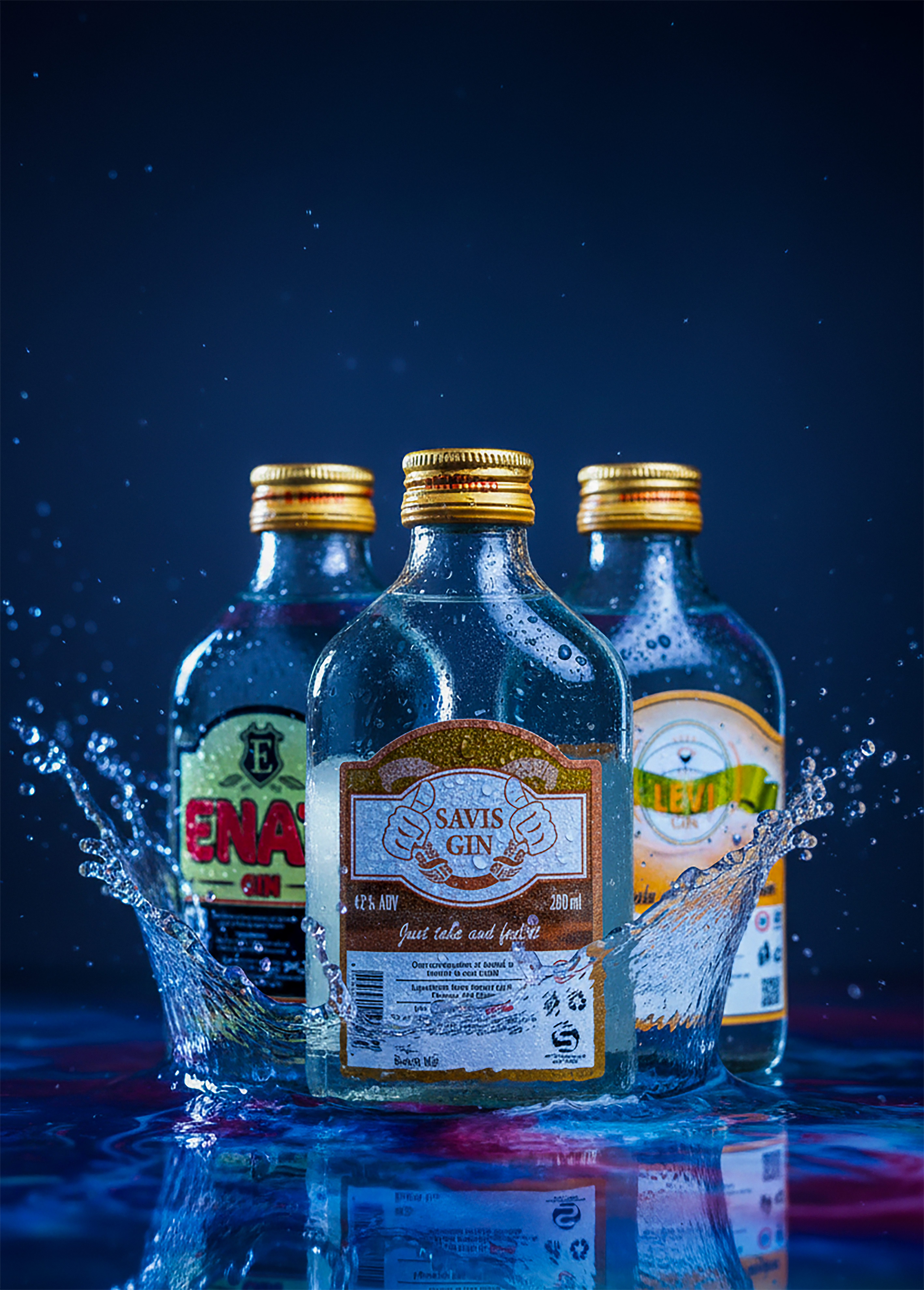 Three gin bottles splashing creatively under vibrant studio light.