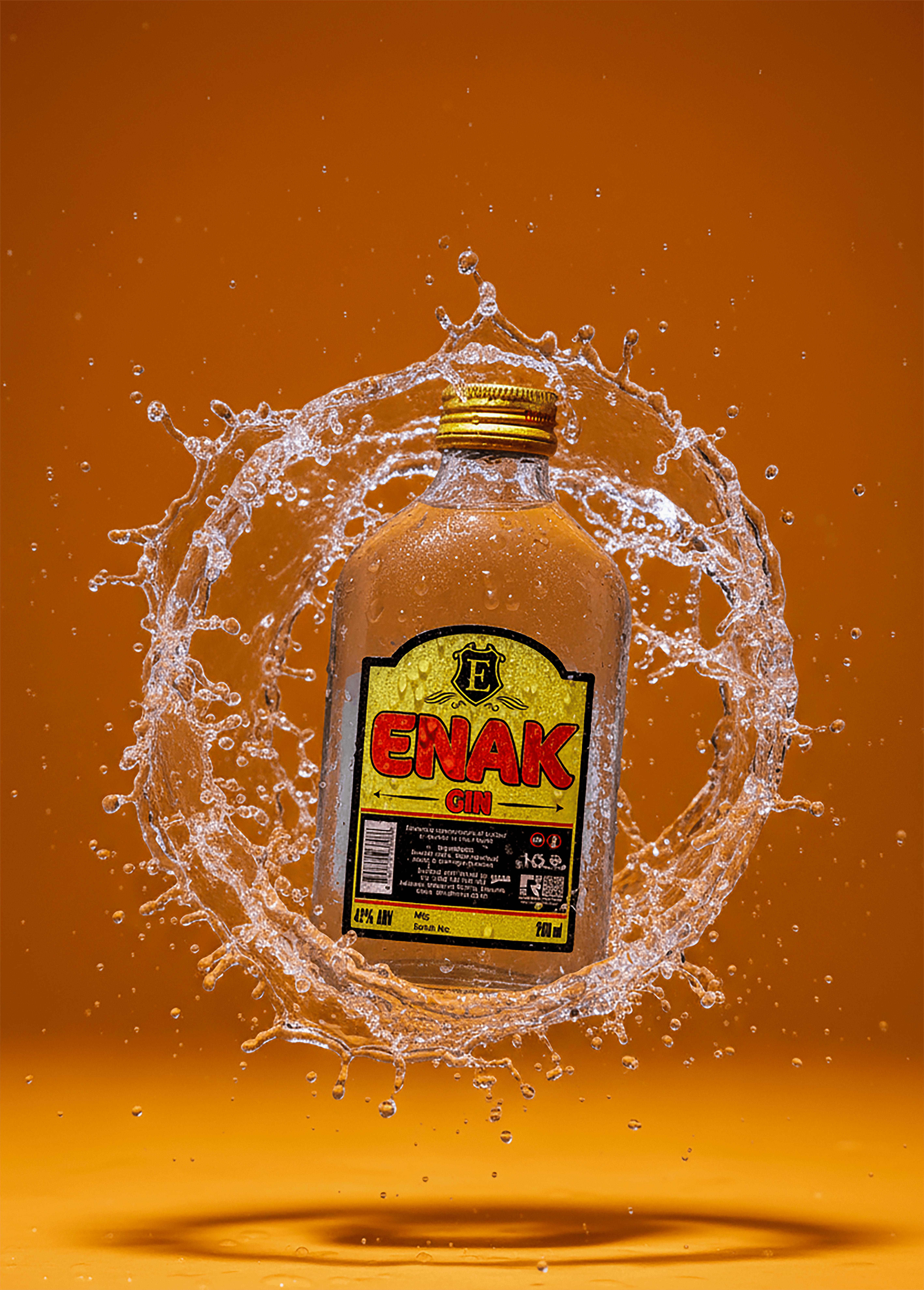 Vibrant image of a gin bottle surrounded by water splash against an orange backdrop, highlighting freshness.