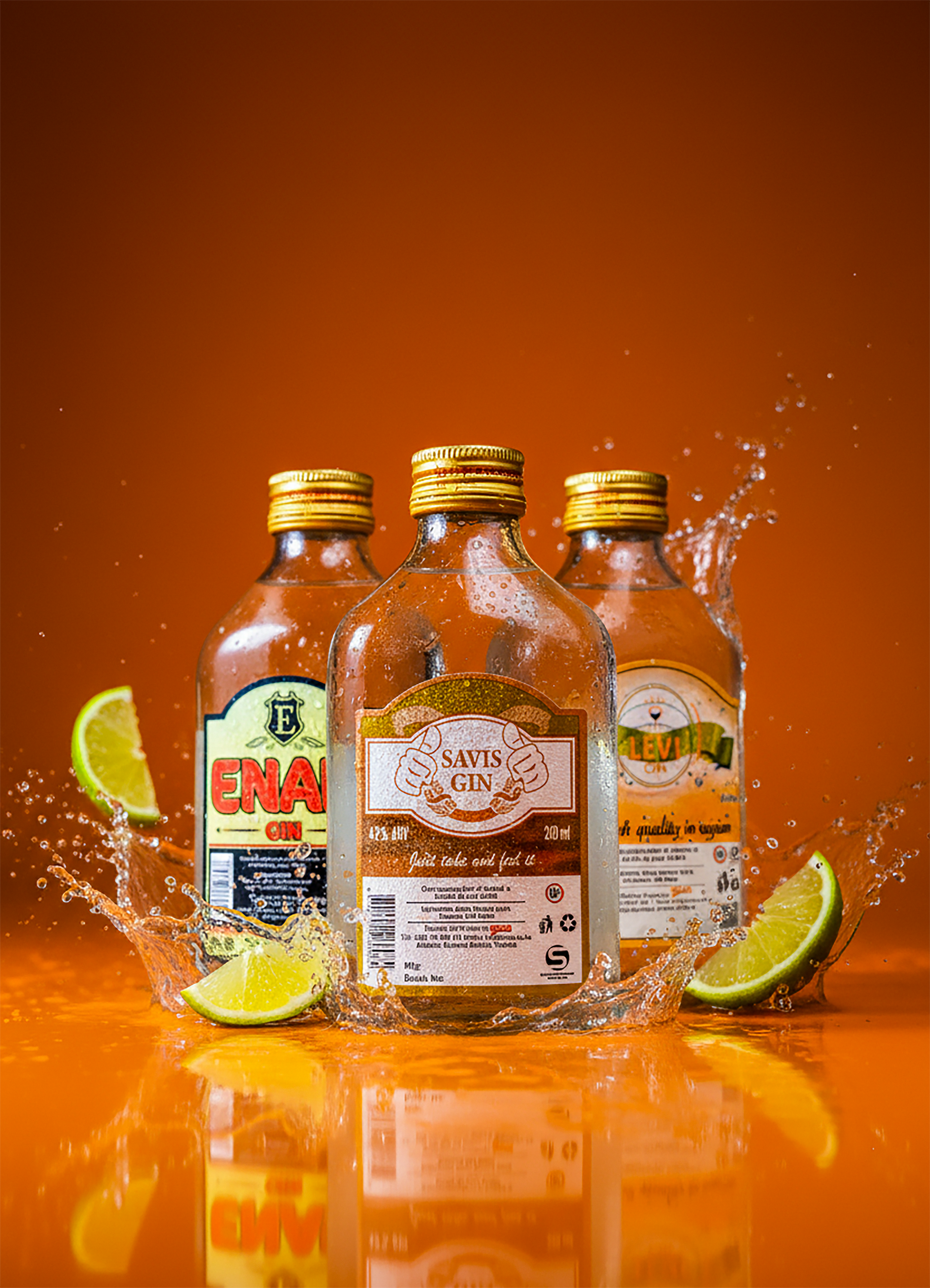 Dynamic display of gin bottles with water splashes and lime slices on an orange backdrop.