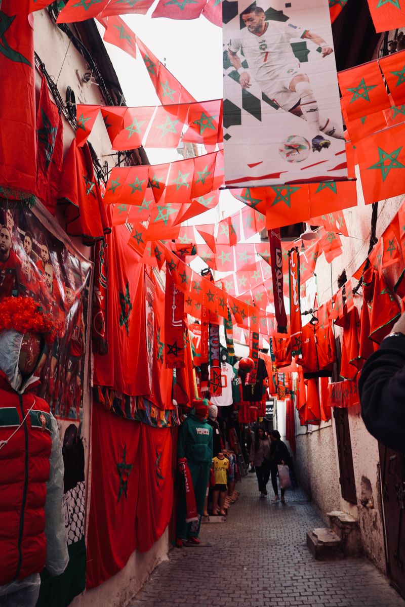 Alley decorated with Moroccan flags