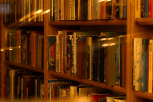 Free A warmly lit bookshelf filled with diverse literature in an inviting library setting. Stock Photo