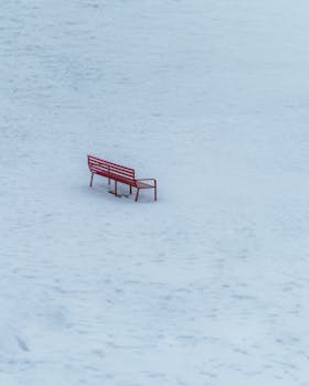 Solitary red bench in a vast snow-covered field in Gulmarg, creating a minimalist winter scene.