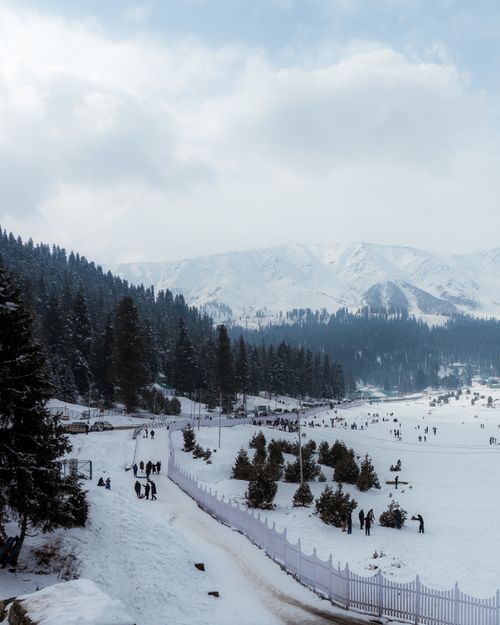 Free Scenic view of snow-laden mountains and forests in Gulmarg, Kashmir during winter. Stock Photo