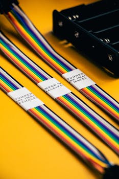 Close-up of rainbow-colored jumper cables and connectors, perfect for tech and robotics projects.