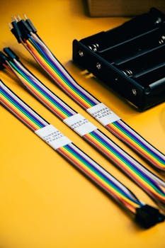 Vibrant multi-colored wires and battery pack on yellow background, ideal for robotics projects.