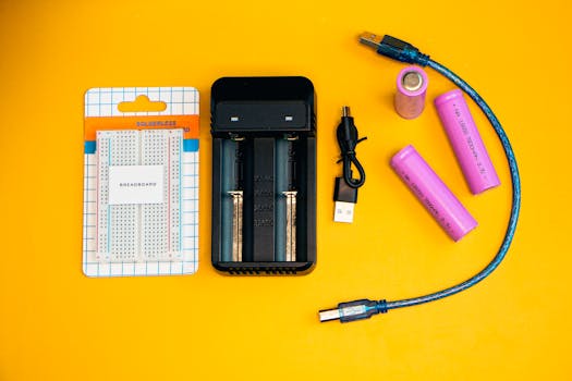 Flat lay of electronics including a breadboard and battery charger against a vibrant yellow backdrop.