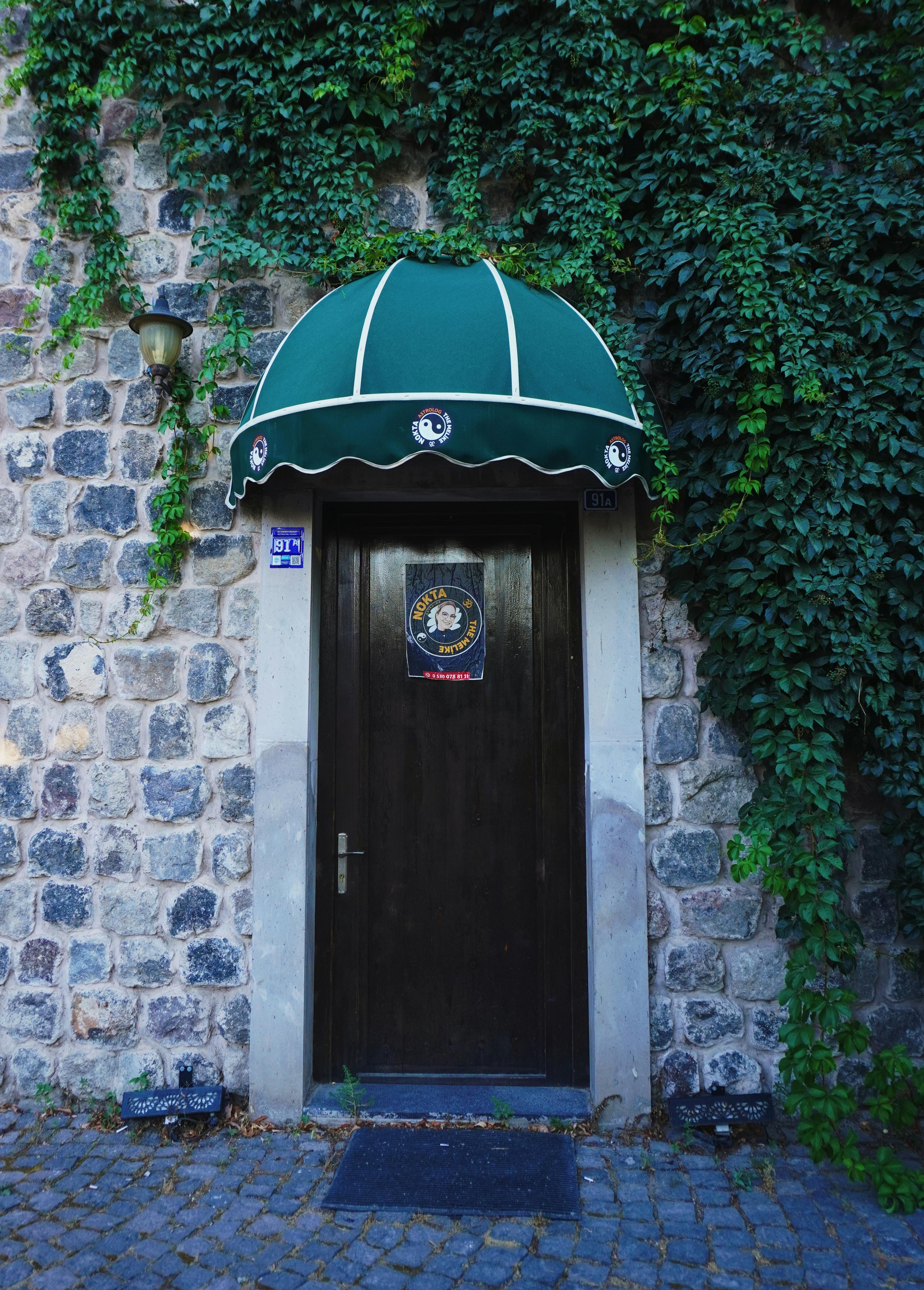 бесплатная Оцените тонкое мастерство исполнения этой старинной деревянной двери, украшенной пышной зеленью, в Кайсери, Турция. Стоковое фото