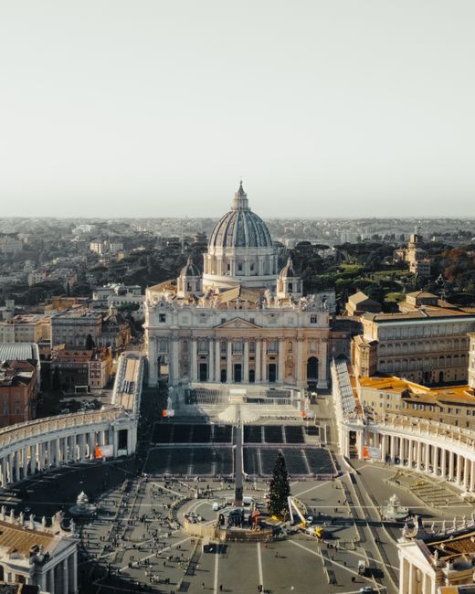 Captivating aerial view of St. Peter's Basilica and Square in Vatican City, showcasing iconic architecture.