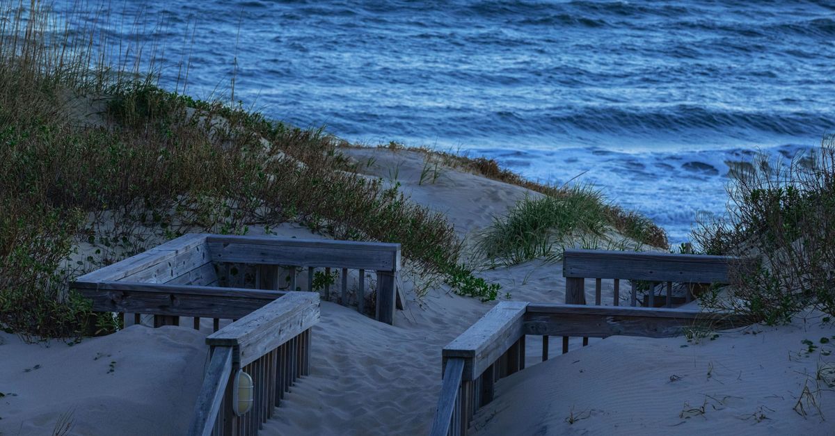 Tranquil view of a sandy pathway leading to the ocean at Nags Head beach, Outer Banks.