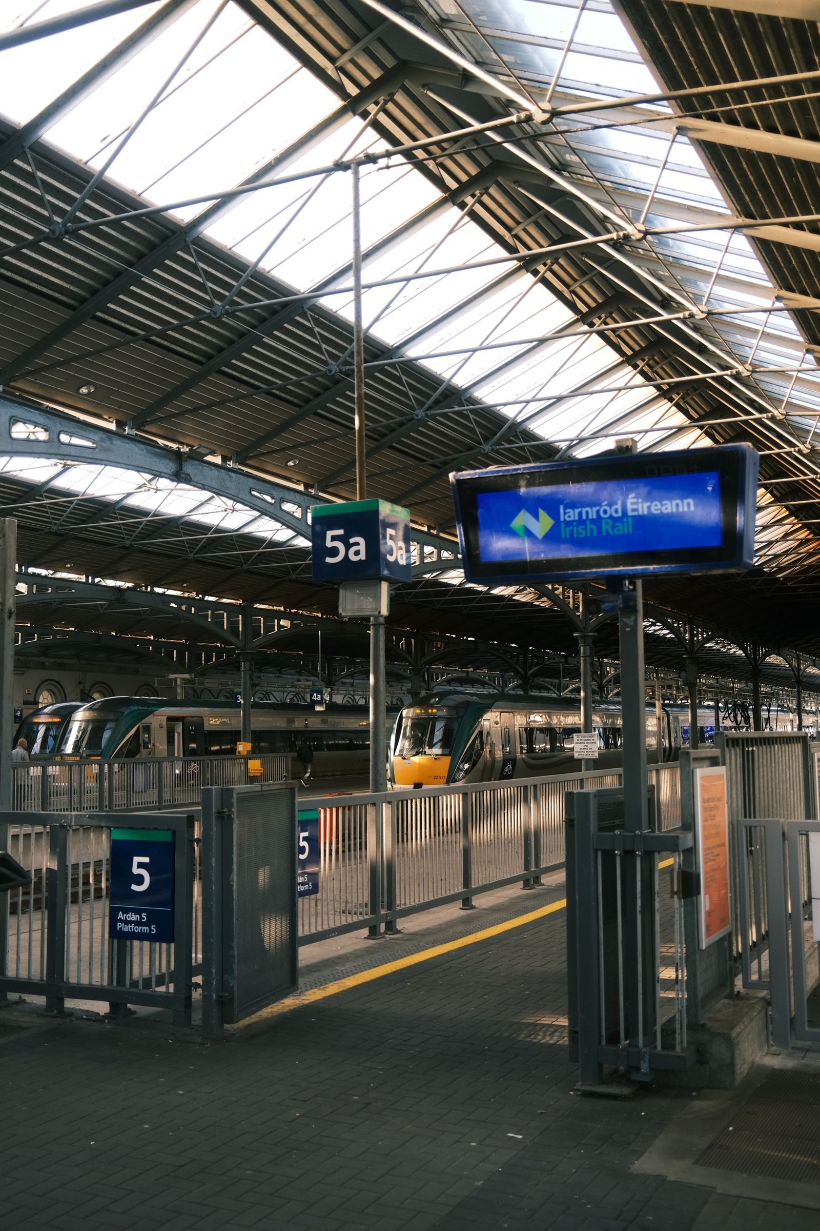 Inside Heuston Station, with trains at the platforms