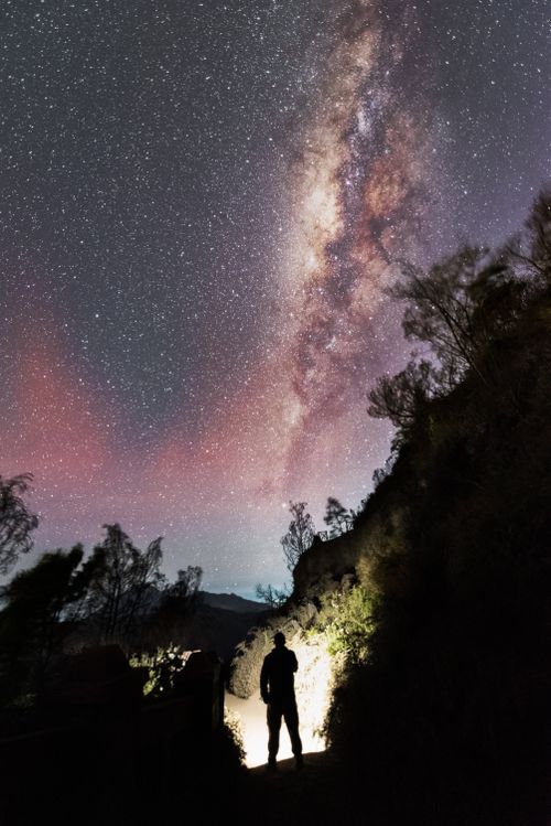 Free Silhouette of person admiring the Milky Way galaxy under a starry night sky in East Java, Indonesia. Stock Photo