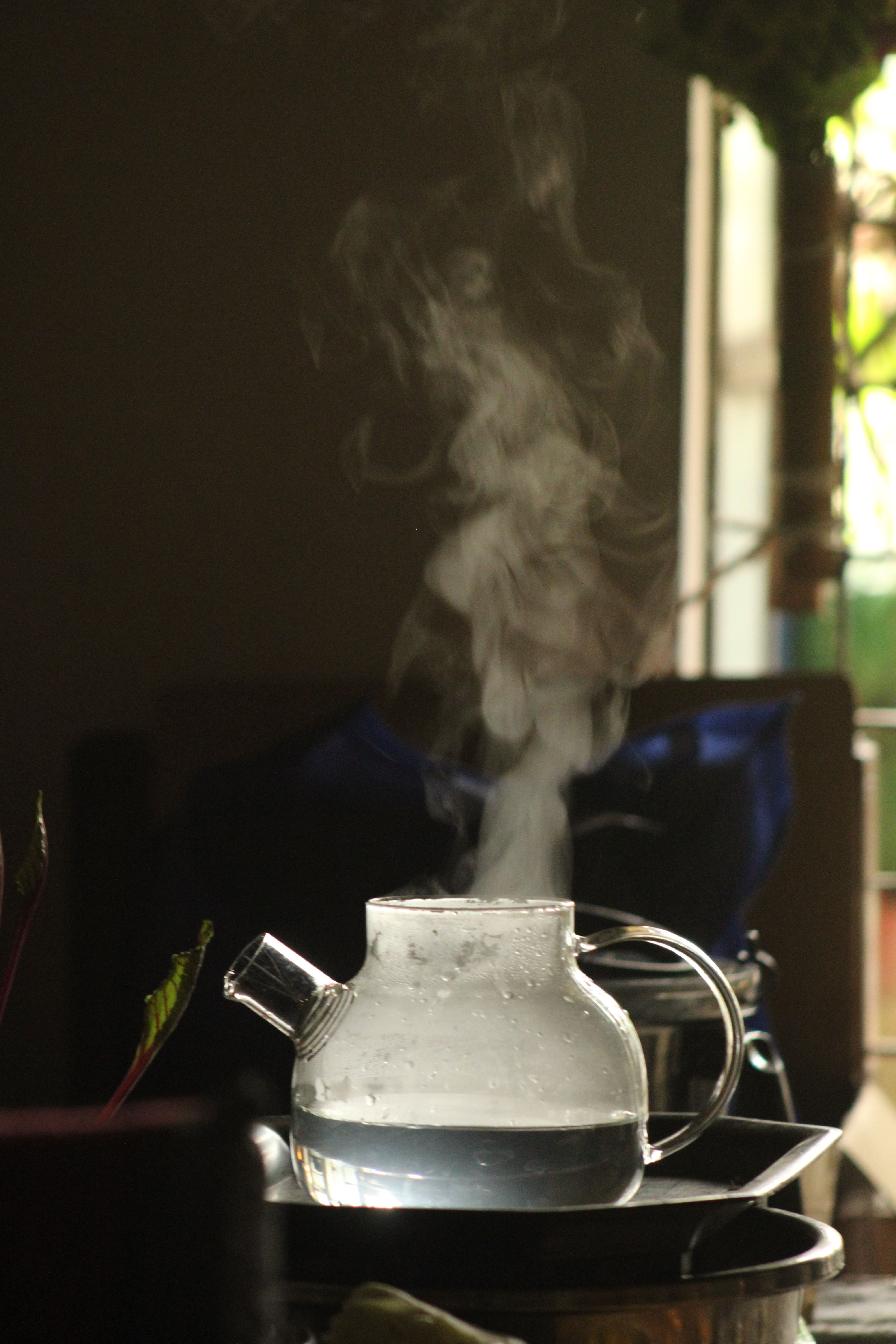 Fotomural Una tetera de cristal con vapor elevándose, retroiluminada por la luz del sol que entra por una ventana.