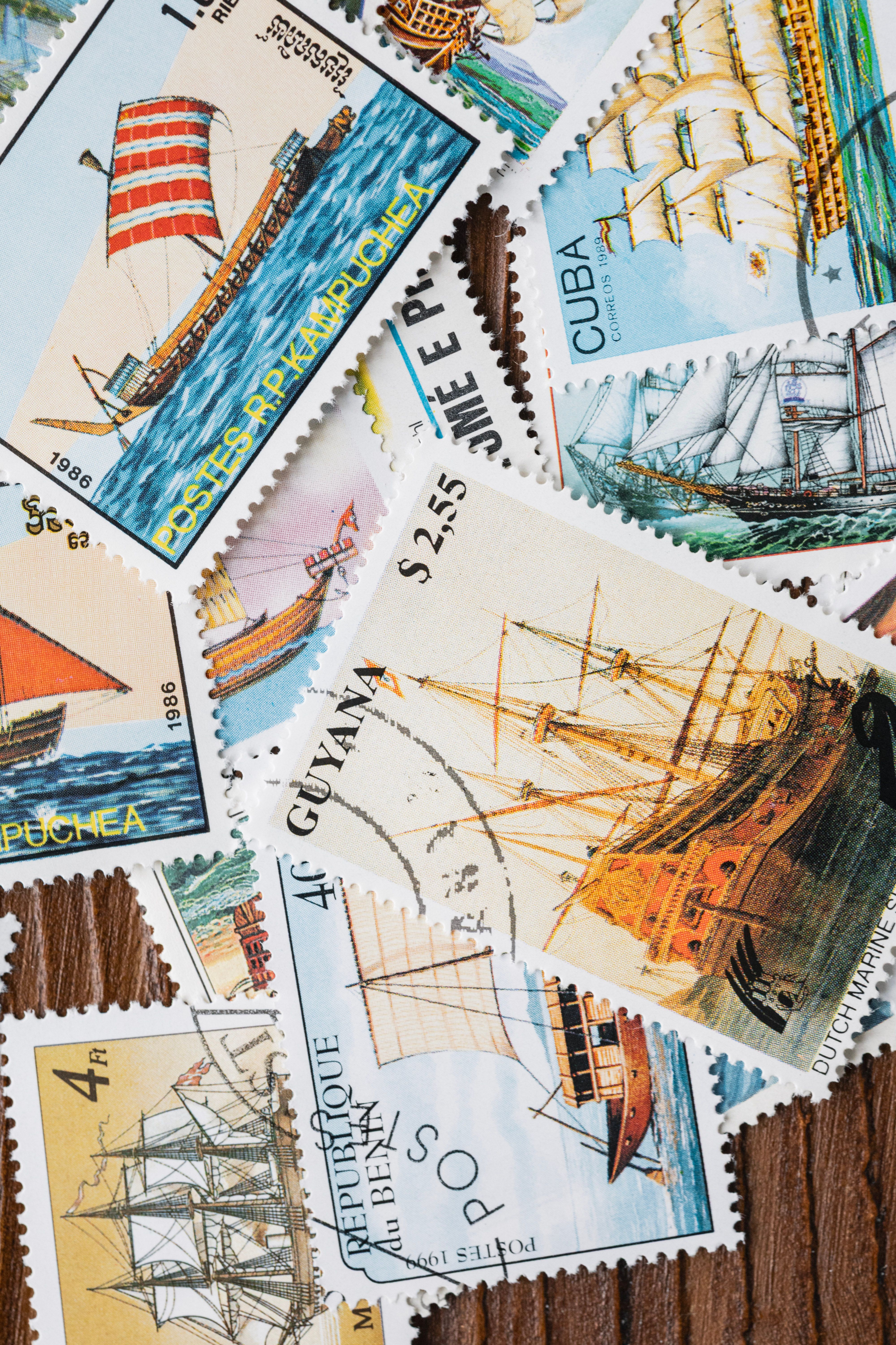 Colorful Vintage Postage Stamps with Ships · Free Stock Photo