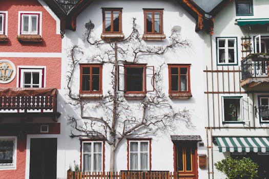 Charming facade of traditional houses in Hallstatt, Austria, highlighting architectural details and climbing plants.