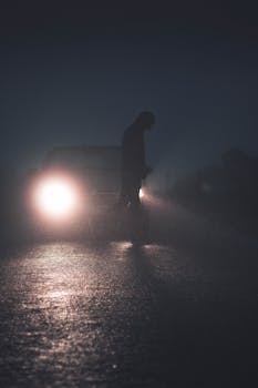 昏暗的道路上，一个人被汽车前灯映衬着行走，营造出一种神秘而忧郁的氛围