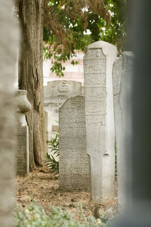 Free Old gravestones with Arabic script surrounded by trees in a tranquil cemetery. Stock Photo