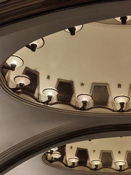 View of an Art Deco ceiling with iconic lighting fixtures, showcasing architectural beauty in Moscow, Russia.. pexels, view, 