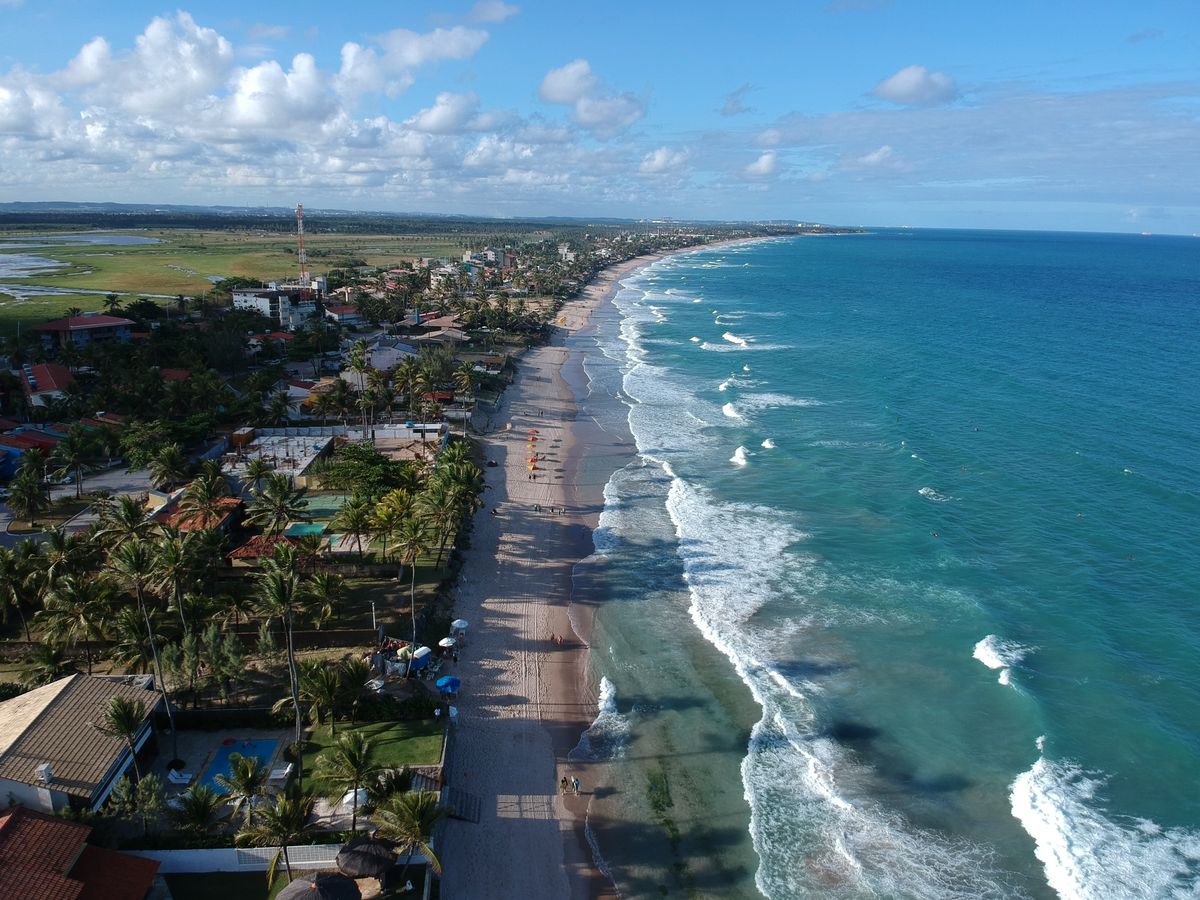 Vista aérea de praia paradisíaca em Pernambuco com mar verde esmeralda e coqueiros