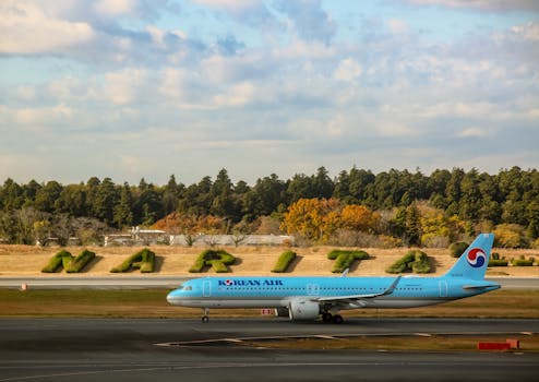Korean Airlines aircraft on the runway at Narita Airport under a cloudy sky.