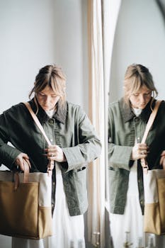 Woman in modern casual style with a canvas tote bag, reflected in a mirror.