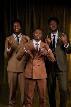 Three smiling men wearing elegant suits pose confidently against a dark background.