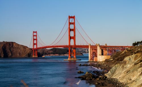 Free Breathtaking view of the Golden Gate Bridge in San Francisco with a tranquil ocean background. Stock Photo