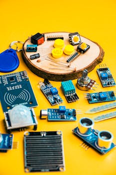 A variety of electronic components arranged artfully on a bright yellow backdrop.