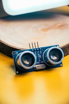 A detailed view of an HC-SR04 ultrasonic sensor on a wooden surface showcasing its electronics.