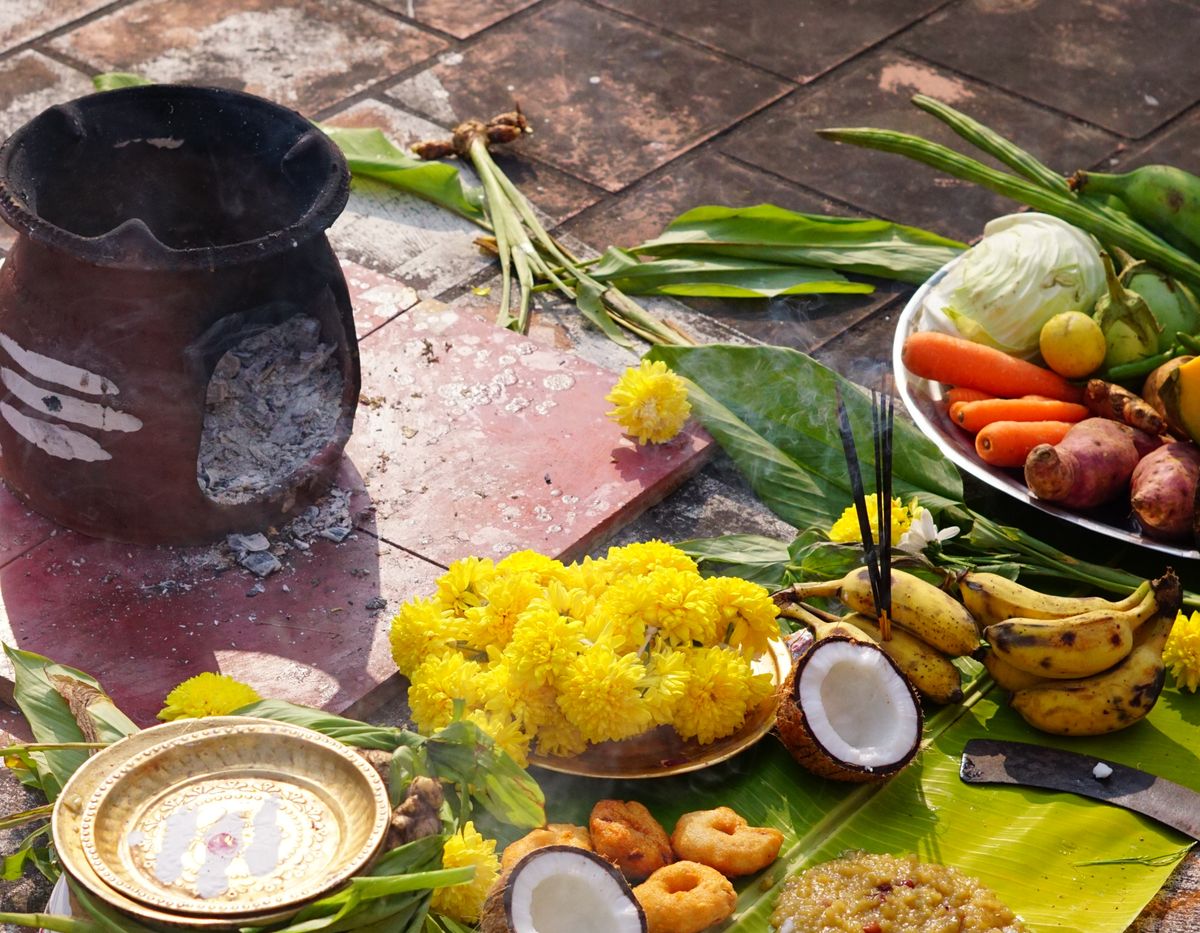 Harvest festival offering of flowers, fruits and grains