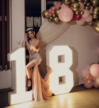 Young woman posing at an 18th birthday party with elegant gown and balloons.