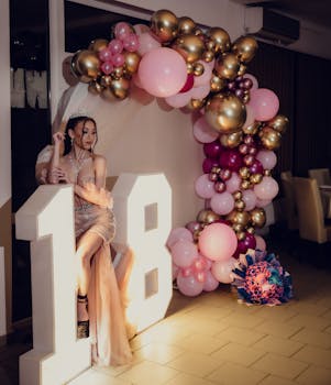 Young woman celebrating her 18th birthday, surrounded by decorative balloons and a glowing number display.
